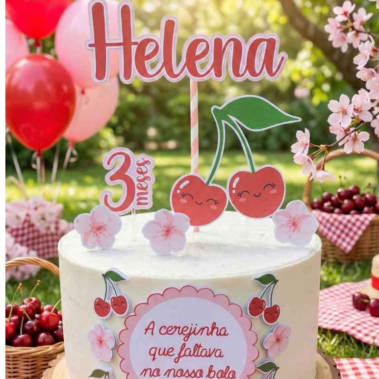 Envio em 24h | Topo de Bolo Cerejinha Personalizado Nome e Idade | Mesversário e Aniversário