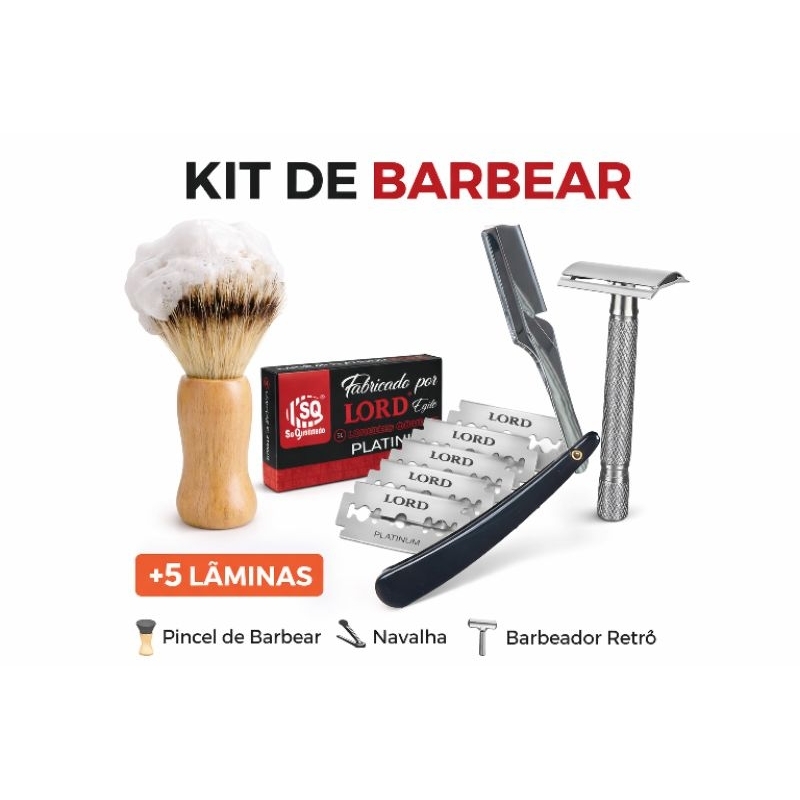 Kit Barbear 4 Peças Completo – Pincel + Navalha + Barbeador Retrô + 5 Lâminas