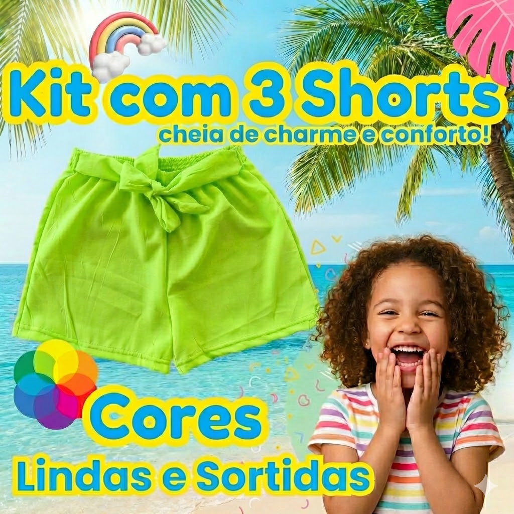 Kit 3 Peças Shorts Infantil Cintura Elástica P/ Férias Praia Escolar