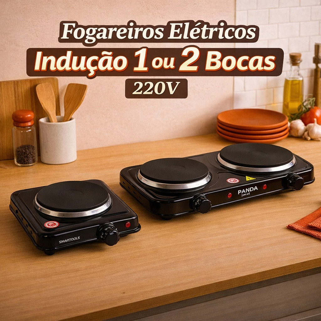 Dois fogareiros elétricos, um de uma boca da marca Smarttools e outro de duas bocas da marca Panda, posicionados sobre uma bancada de madeira em uma cozinha.