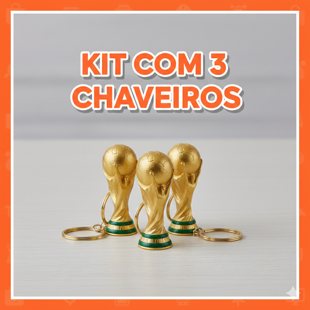 Chaveiro Taça do Mundo Dourada Mini Troféu Futebol