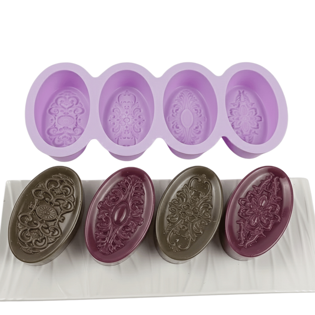 Molde De Silicone Sabonete Artesanal 90g Forma Oval 4 Cavidades Desenhadas Arabesco Saboaria DIY