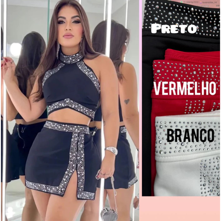 Conjunto Cropped Saia Curta Festa Strass Luxo Sensual Cintura Alta Cores Preto Vermelho Branco