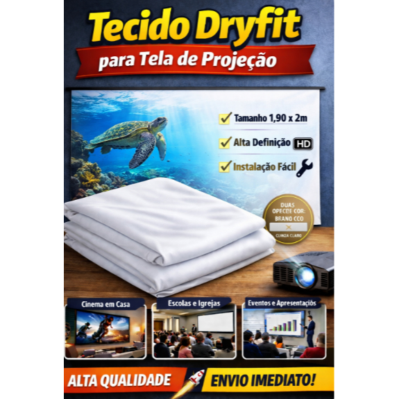 Pano Tela Projetor 2 Metros Premium – Leve, Resistente e Lavável Tela Projeção