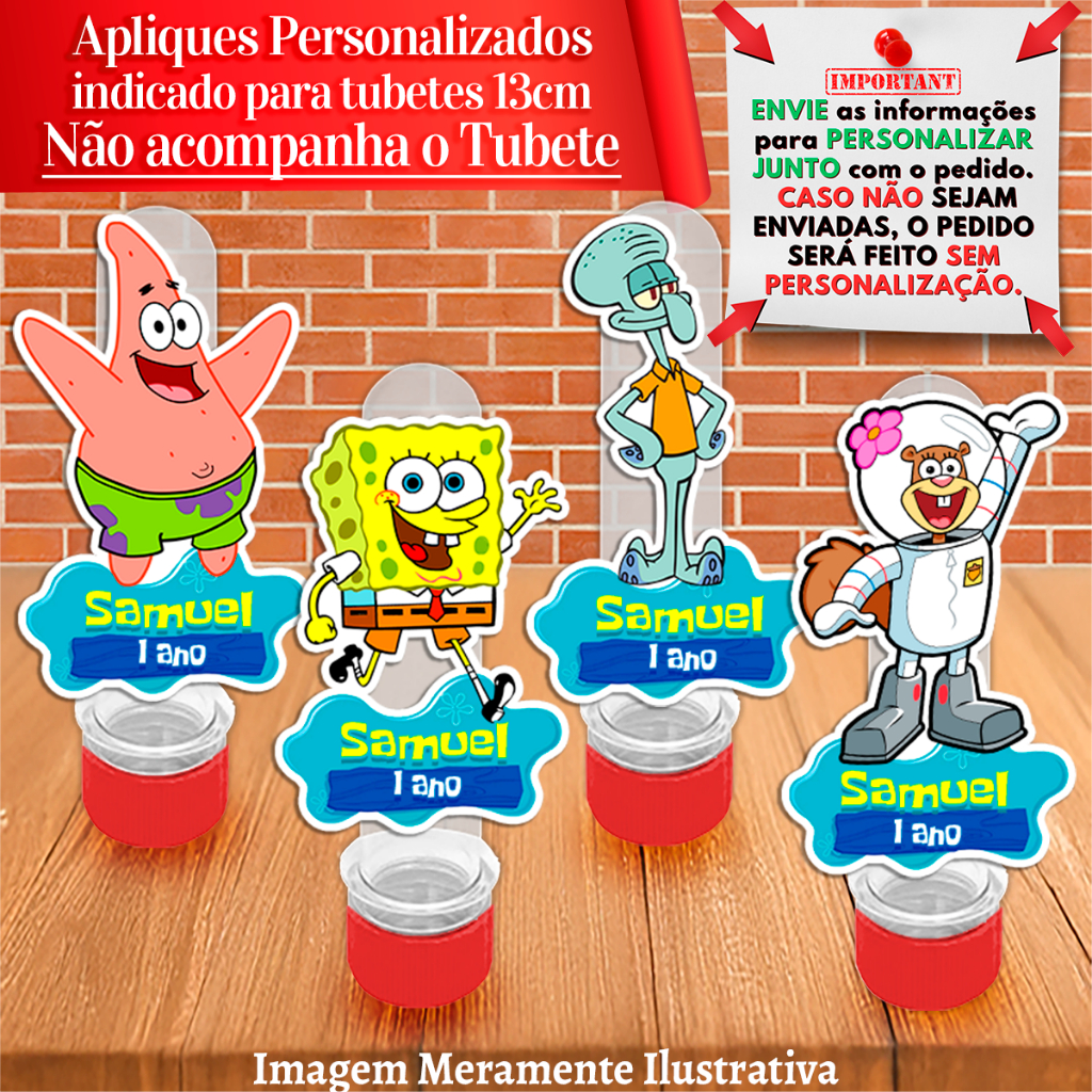 Apliques personalizados Bob Esponja - Indicados para tubetes de 13cm