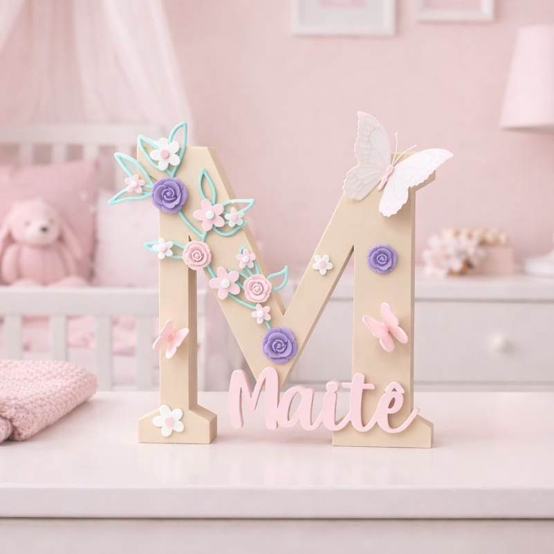 Letra e Nome Decorativo Personalizado em Relevo Jardim Floral Decoração Maternidade Quartinho de Bebê Menina