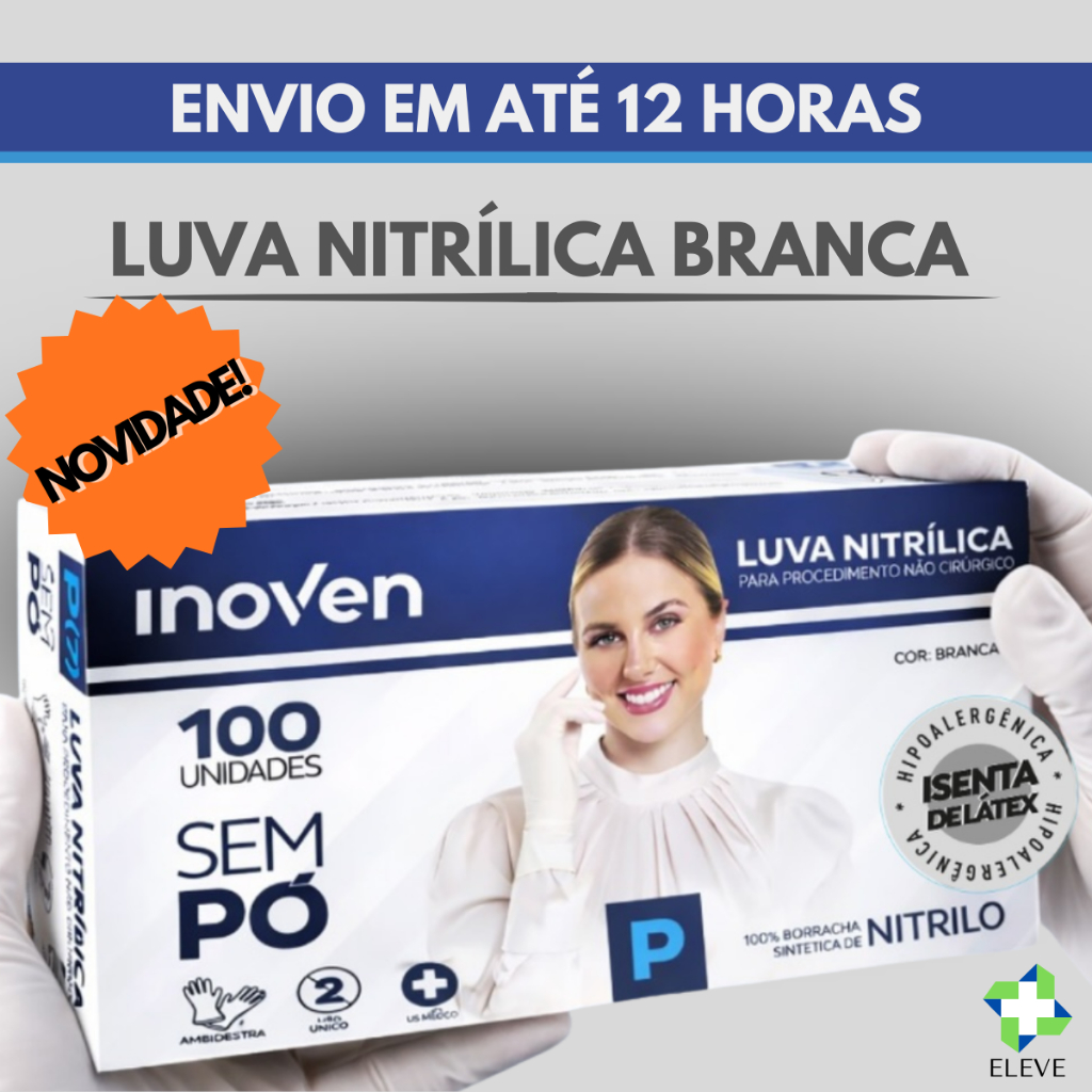 100 Luvas Nitrílica Branca Inoven Descartável Sem Pó Tamanho P M G Nitrilo Estética Salão Unha