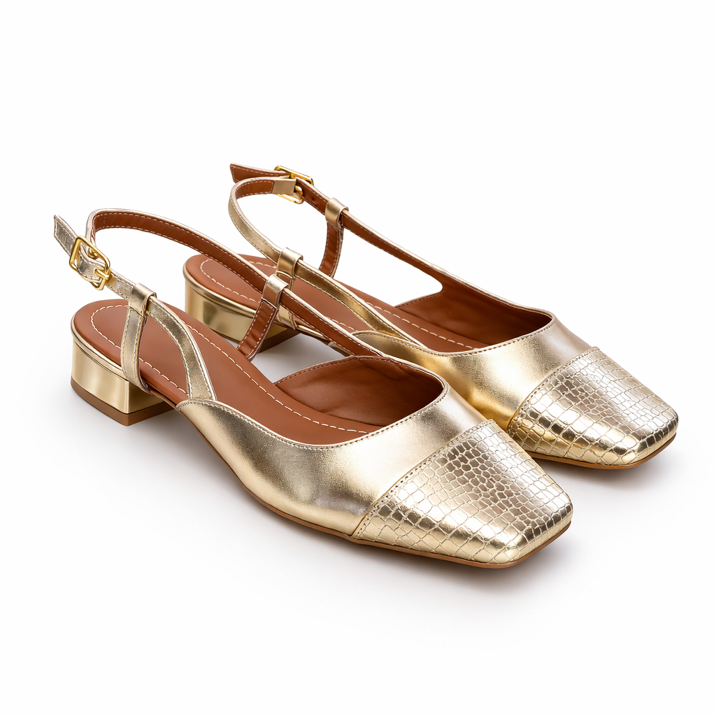 Sapatilha Feminina Slingback Dourada Croco Conforto