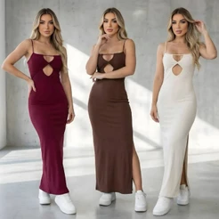 Vestido Feminino Longo Com Decote Abertura Nos Seios Alcinha Moda Feminina Dia A Dia Verao Liso Luxo