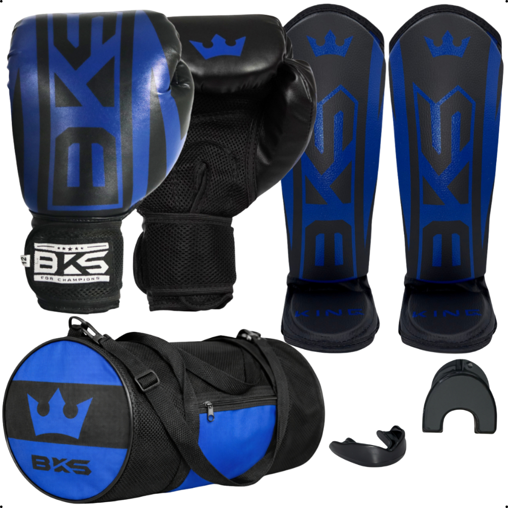 Kit Luva De Boxe Kickboxing Muay Thai + Caneleira + Bolsa Com Bolso + Protetor Bucal Moldável