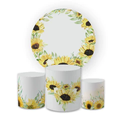 Kit Painel Redondo 1,50m + Trio Cilindro Girassol Floral Decoração Rustica Festa Feminina Veste Fácil