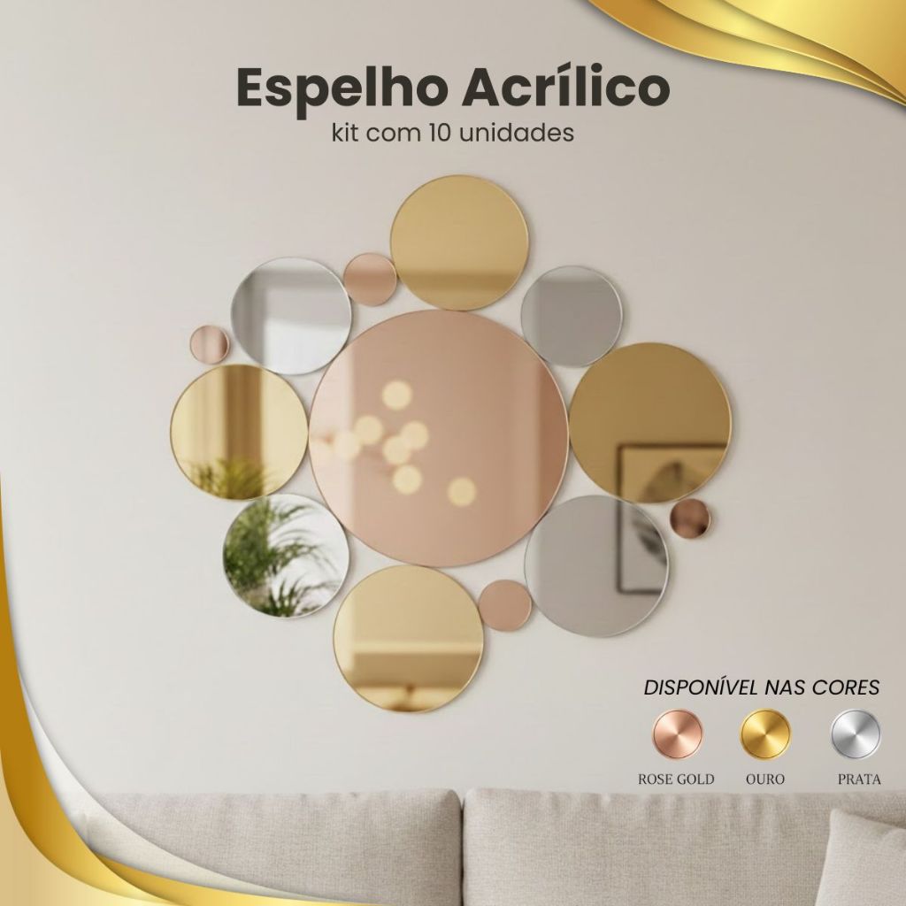 Kit 10 Espelhos Acrílico Redondo Ouro Prata Rose Gold Decorativo Festa Parede Artesanato em Oferta na Shopee