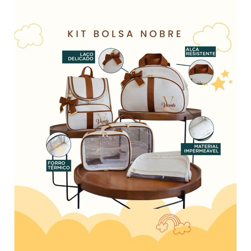 Kit Maternidade 7 Peças Três Bolsas, Mochila e Três Sacos Personalizado Térmica, Coleção Nobre