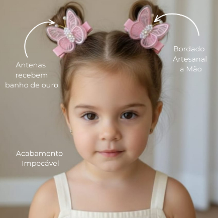 Par de Laço Infantil Bordado Borboleta/ Presilha para bebês e meninas/ Borboleta de luxo/ Borboleta jardim encantado/