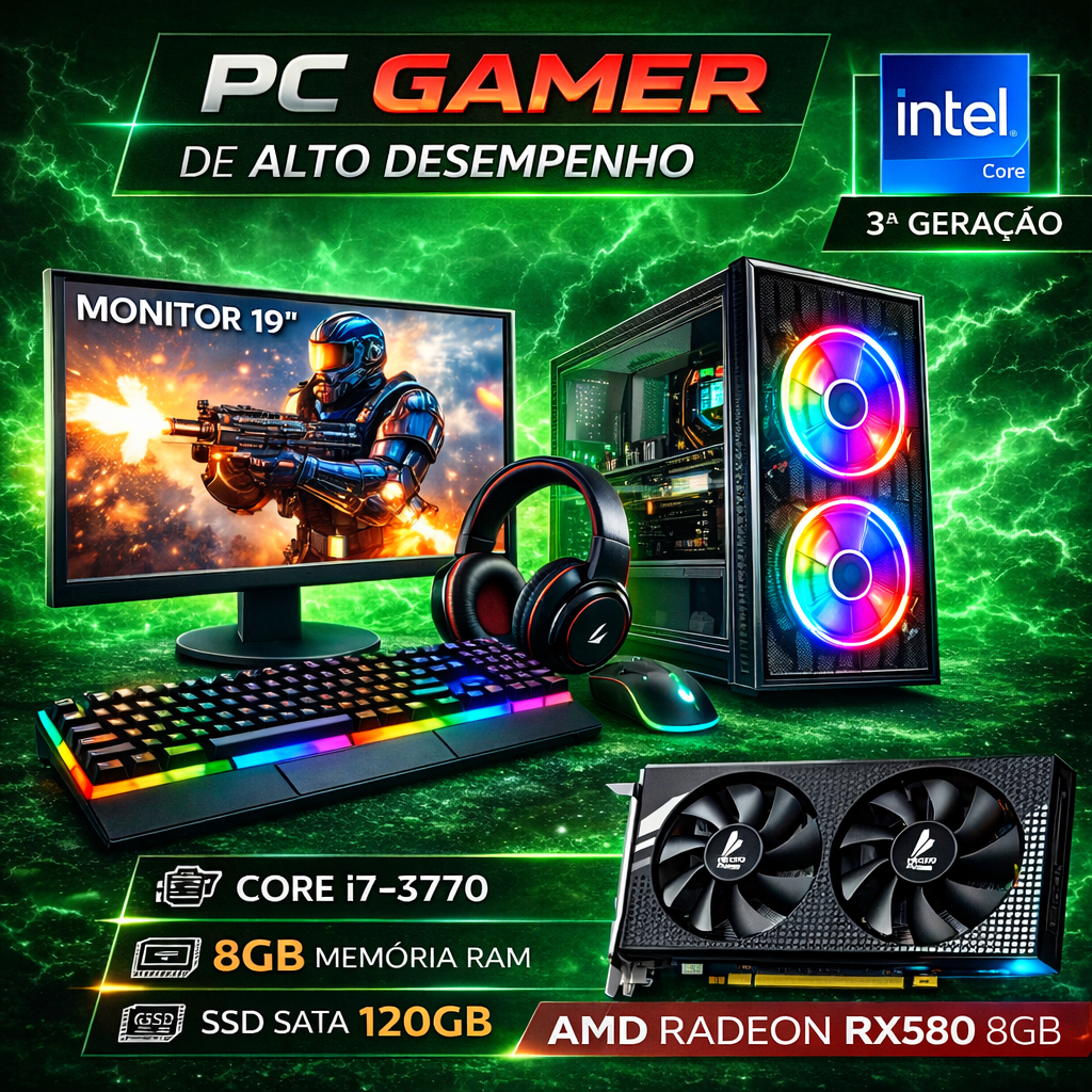 Computador Gamer Completo i7 3ª Geração - 8GB RAM - SSD 120GB - Monitor 19" - Placa de Vídeo RX580 8GB