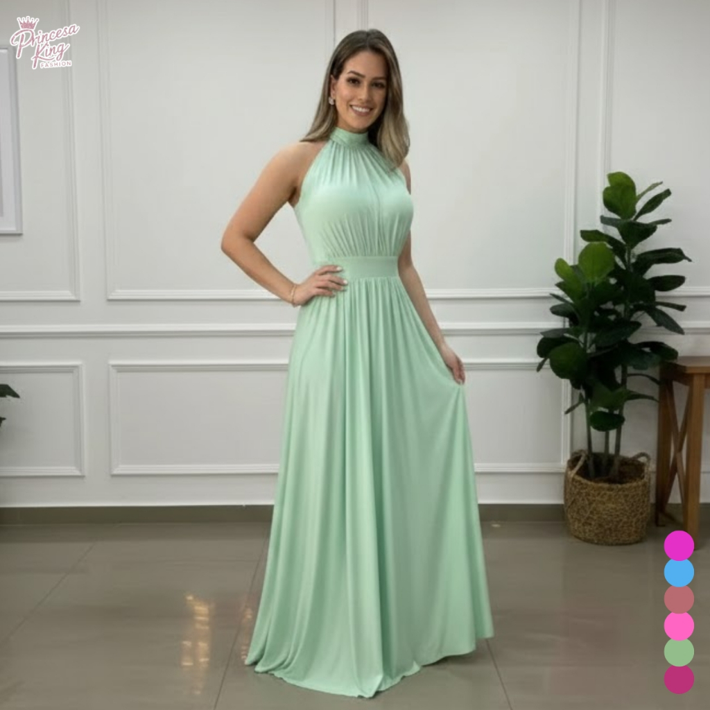 Vestido Longo Gola Alta Sem Manga Malha Fluity Cor Lisa Elegante Moda Festa Feminino em Oferta na Shopee