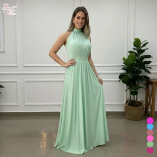 Vestido Longo Gola Alta Sem Manga Malha Fluity Cor Lisa Elegante Moda Festa Feminino em Oferta na Shopee