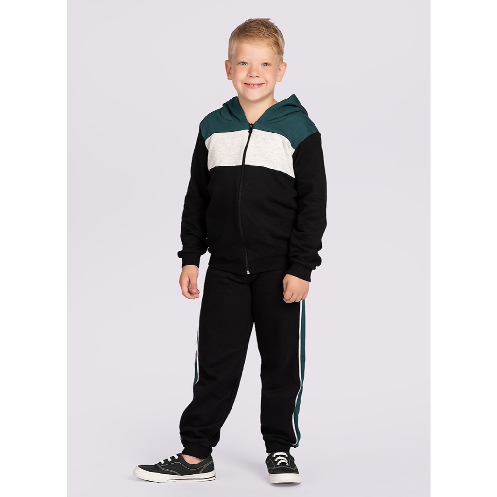 Conjunto Inverno Menino Jaqueta com Capuz e Calça em Moletom Recortes