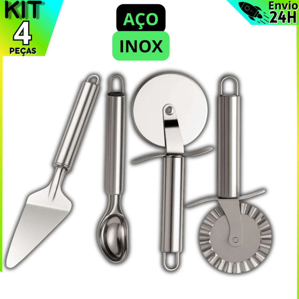 Kit 4 Peças Cozinha Carretilha Cortador Massa/Pastel, Cortador Pizza, Colher Sorvete, Espátula Bolo