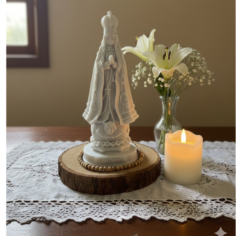 Imagem Nossa Senhora Aparecida Rosas Resina Branca Maciça Linda Decorativa Católico Oração Devoção