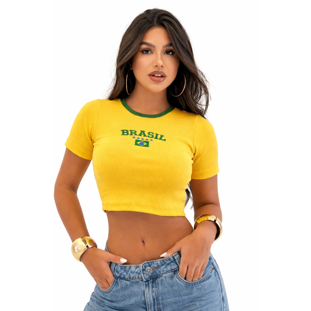 Cropped Manga Brasil Sem Bojo Copa do Mundo Rio de Janeiro Verão Praia 2026 em Oferta na Shopee