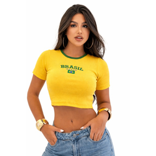 Cropped Manga Brasil Sem Bojo Copa do Mundo Rio de Janeiro Verão Praia 2026 em Oferta na Shopee
