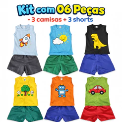 Kit Infantil 6 Peças Sortidas de Roupas Menino 3 Camisetas Regata + 3 Bermudas