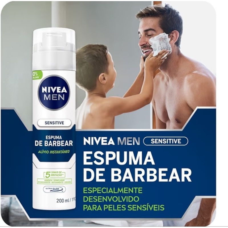 NIVEA MEN Espuma de Barbear Sensitive - Para peles sensíveis, com vitamina E, reduz irritações - 200ml