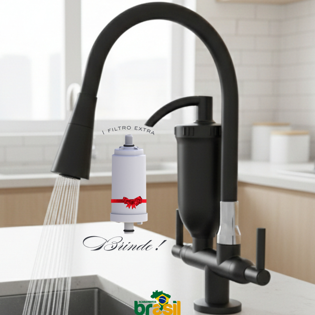 Torneira Cozinha Filtro Preta purificador carvão ativado Gourmet Bica Flexível Bancada + refil extra