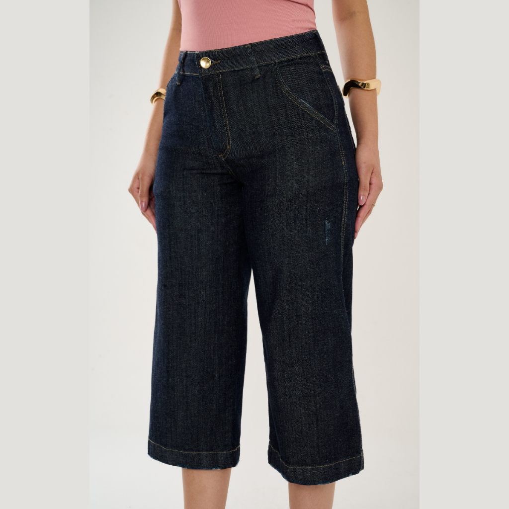 Calça Jeans Feminina Pantacourt Alfaiataria Lycra Com Elastano Cos Alto Confortável Cintura Alta