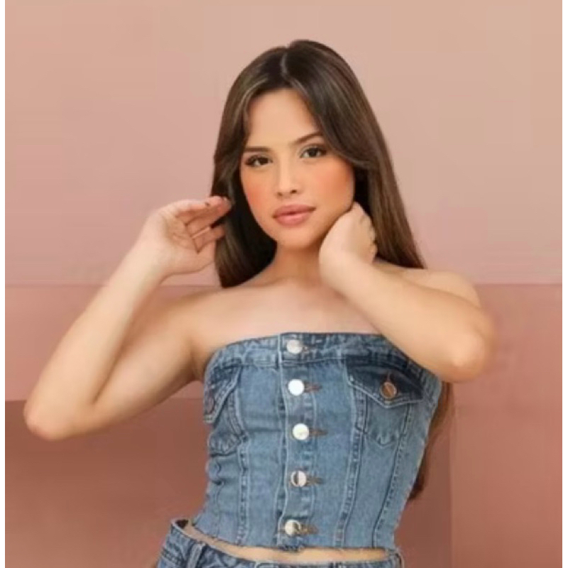 ￼Cropped jeans curto juvenil botões tomara que caia elástico ajustavel blogueirinha menina estilo