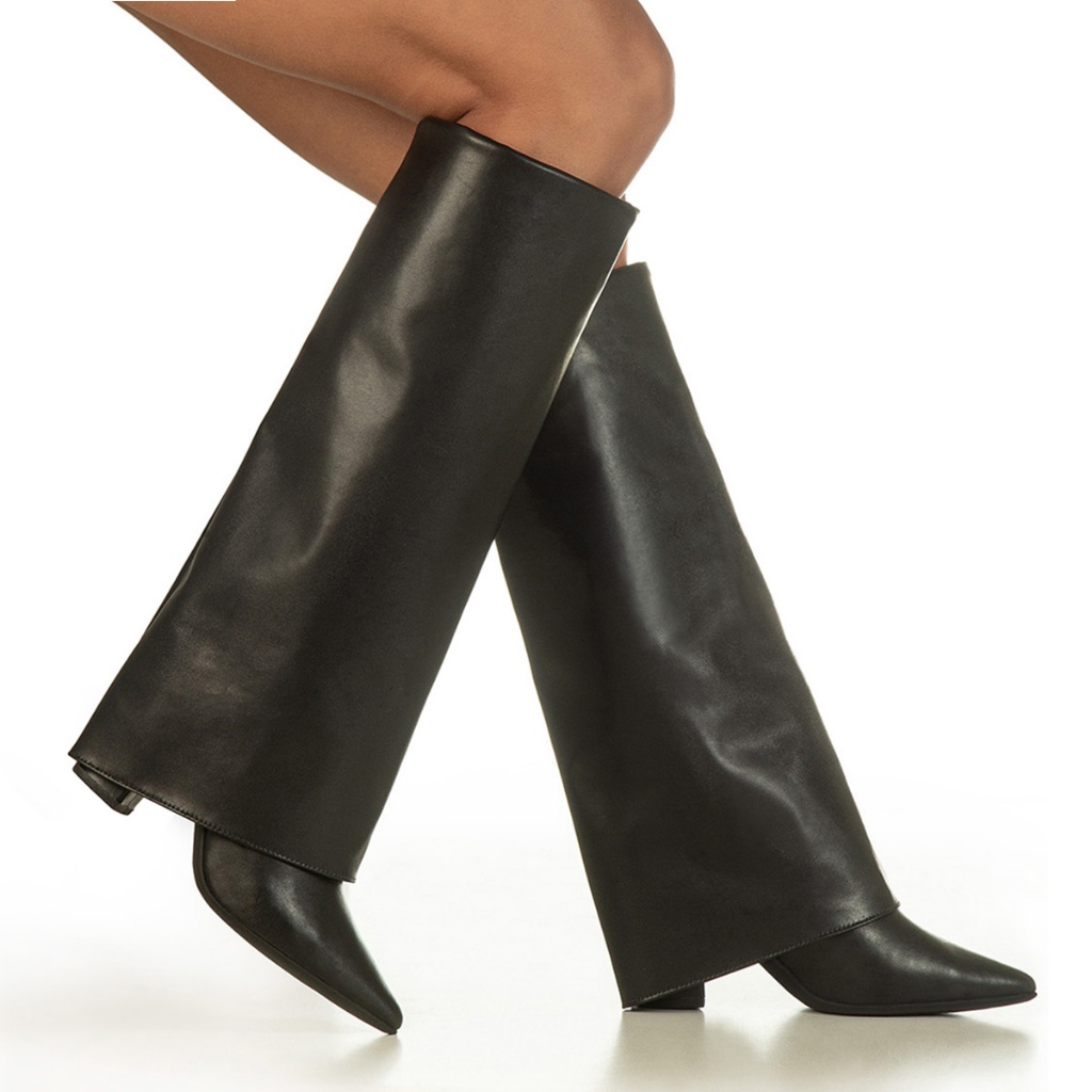 Bota Capa Feminina Cano Longo Salto Alto Bloco Bico Fino Elegante Moda Capry GiGiL