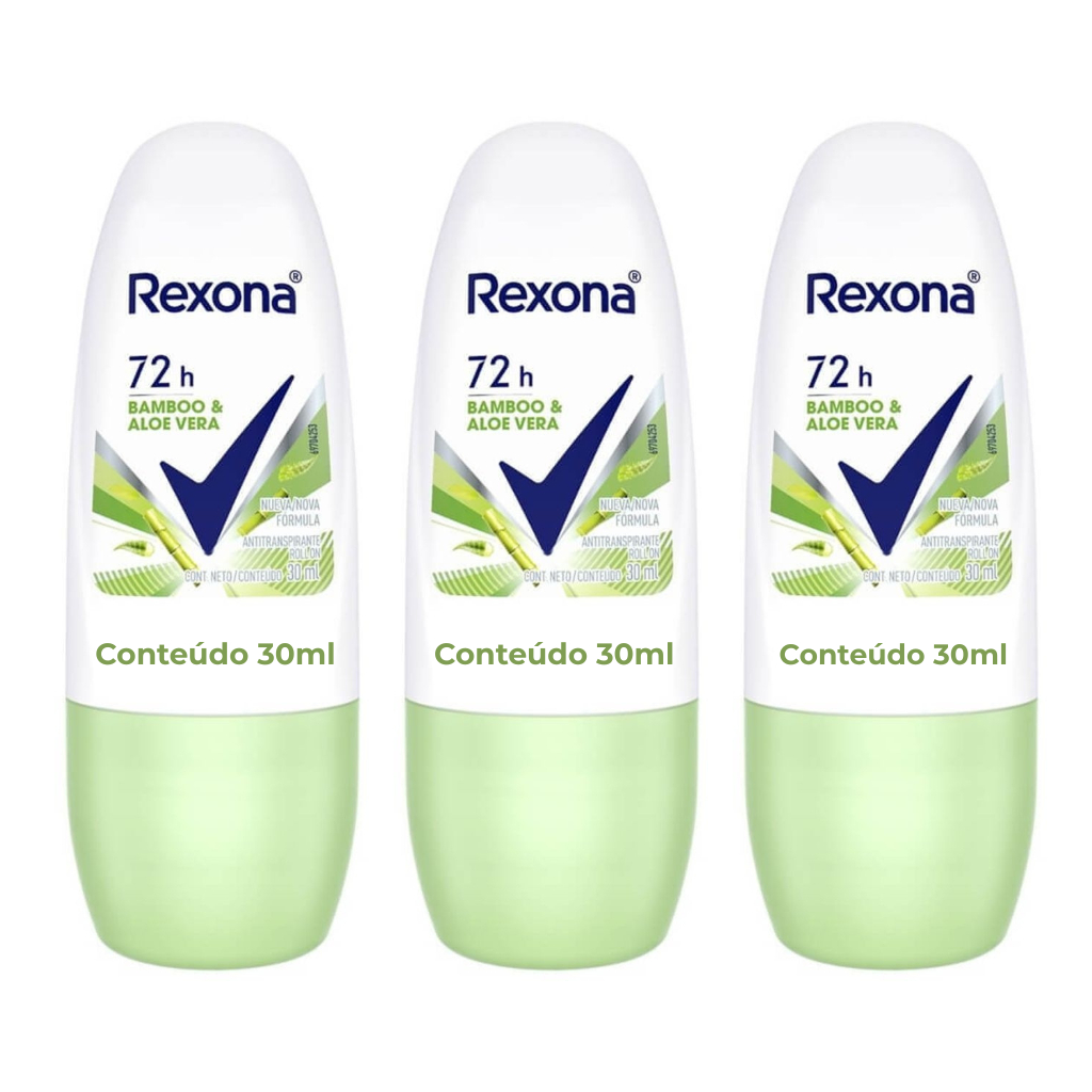 Kit 03un Desodorante Roll On Compact Rexona Bamboo e Aloe Vera 72h 30ml em Oferta na Shopee