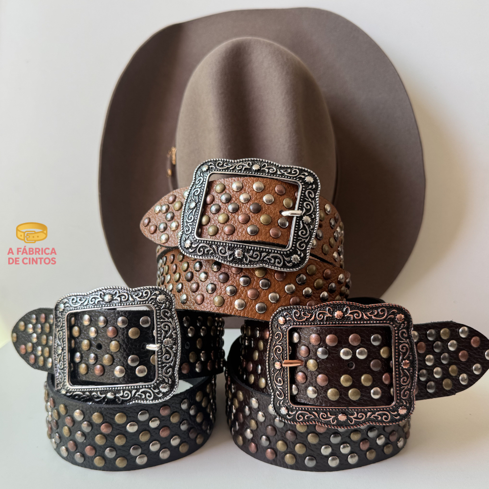 Cinto country feminino COURO LEGÍTIMO cravejado luxo largura 4,5cm