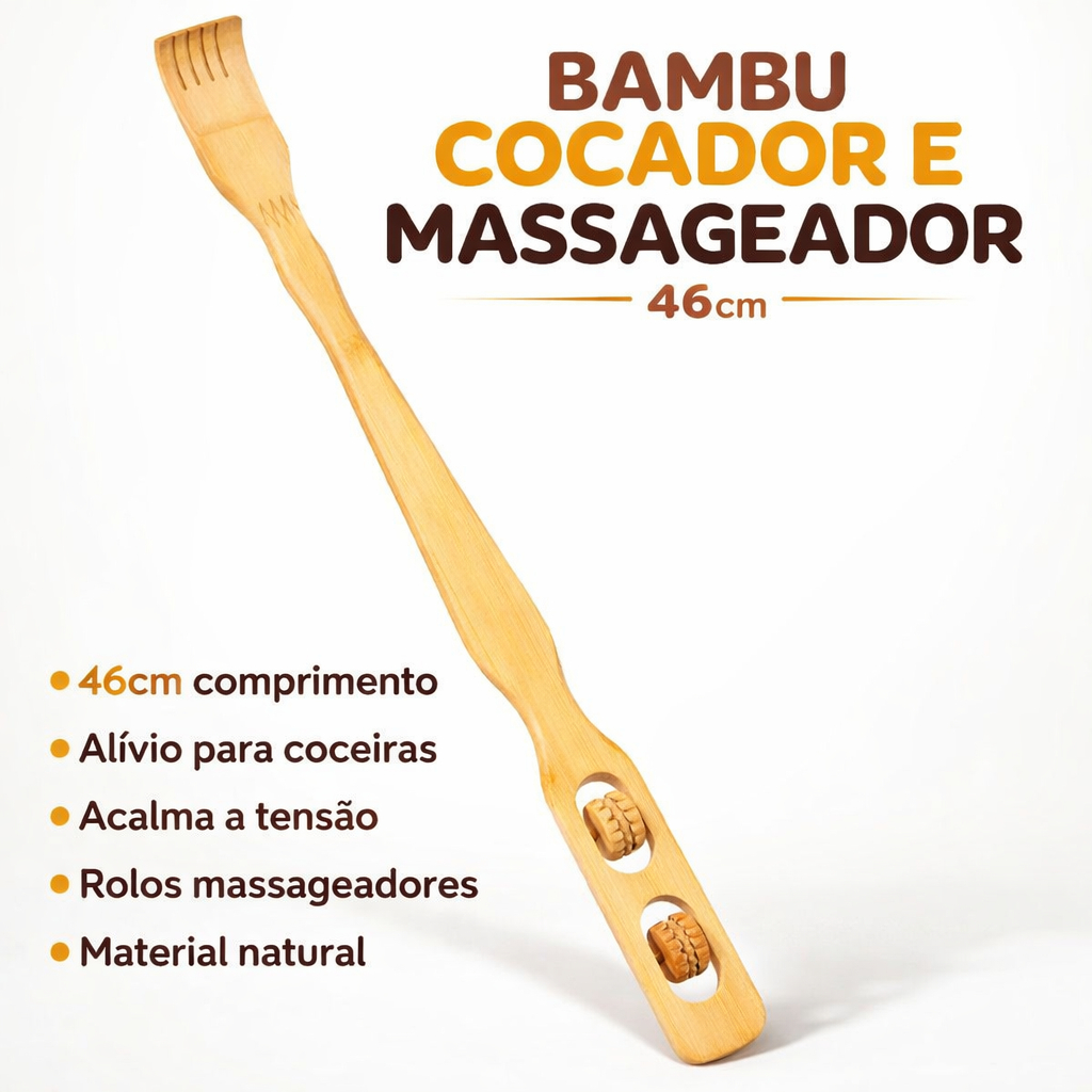 Kit Até 2 Coçador de Costas Bambu 46cm com Massageador Manual Alcance Longo Natural