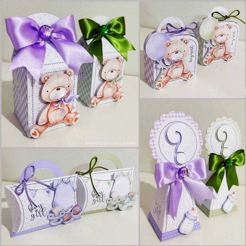 Kit Personalizados Festa Chá Revelação Verde e Lilás Lembrancinhas Tema infantil Aniversário Papelaria Caixinhas