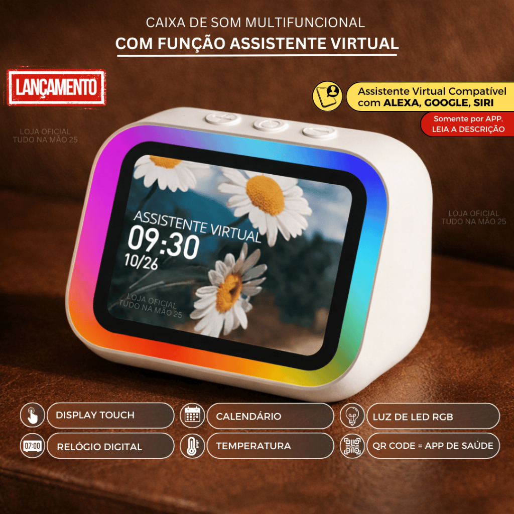[ORIGINAL] ASSISTENTE VIRTUAL INTELIGENTE e Caixa de Som COMANDO DE VOZ c/ TELA E RELÓGIO Bluetooth