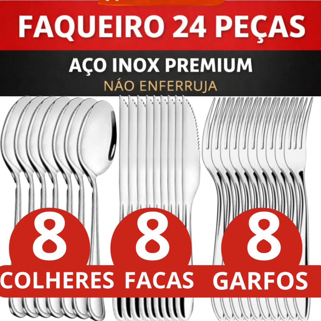 Faqueiro 24 Peças Aço Inox Premium Jogo de Talheres Completo 8 Facas 8 Garfos 8 Colheres Mesa Cozinha Restaurante