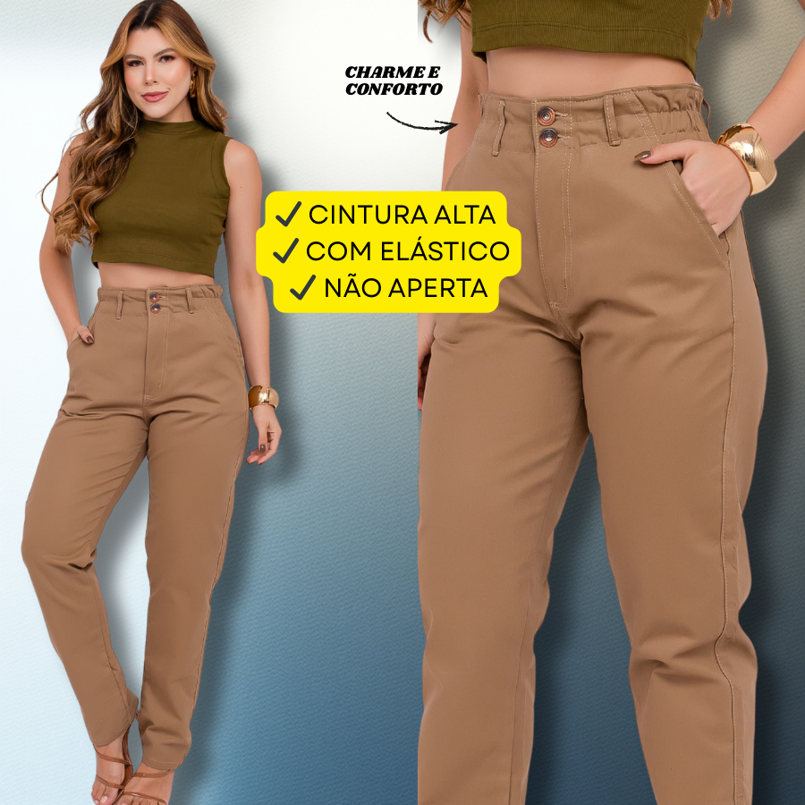 Calça Feminina Reta Sarja Elástico na Cintura Conforto Baggy - Cintura Alta - Envio Imediato em Oferta na Shopee