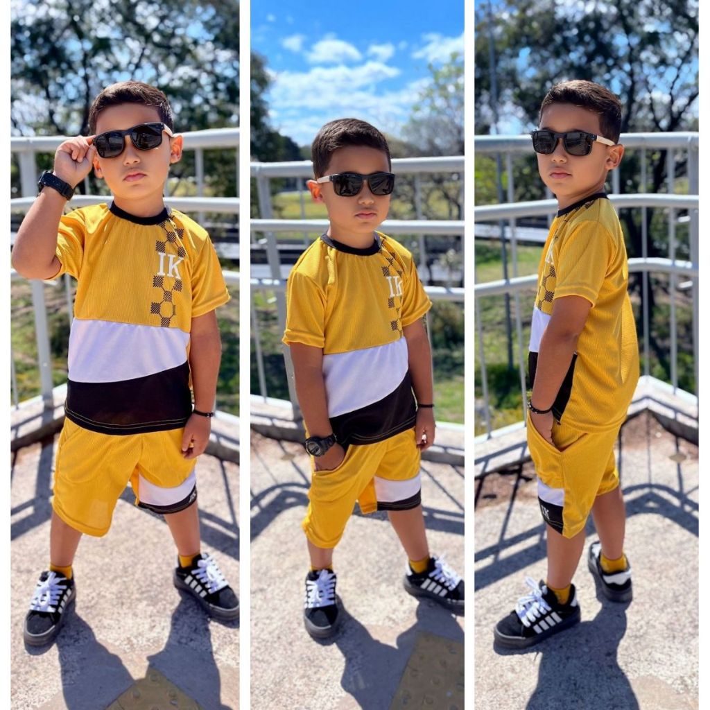 Conjunto de Verão Menino Lançamento Casual Infantil Juvenil Camiseta Algodão e Bermuda Moletinho Tam 4 ao 14 anos