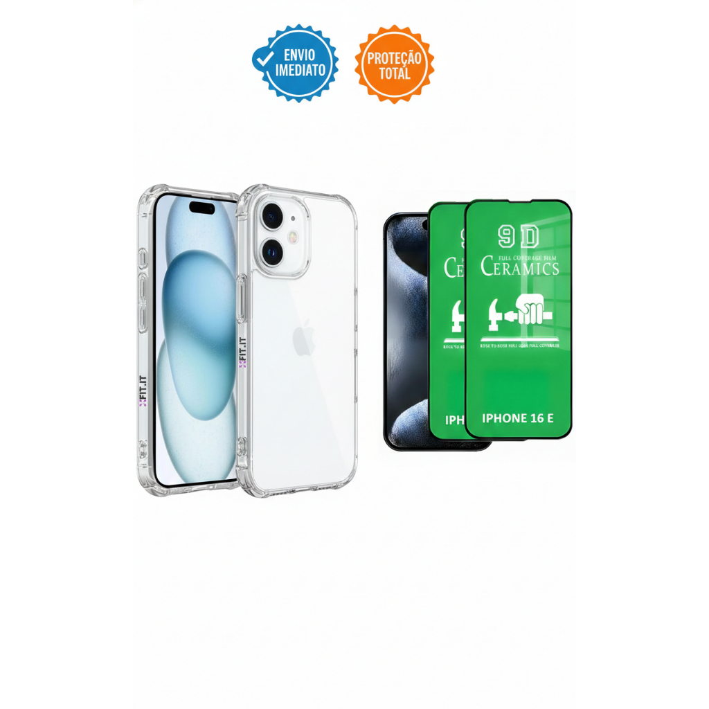 Kit Capa iPhone 16e Capinha Case Anti Impacto Transparente + Película Cerâmica 9D Cobre Tela Toda