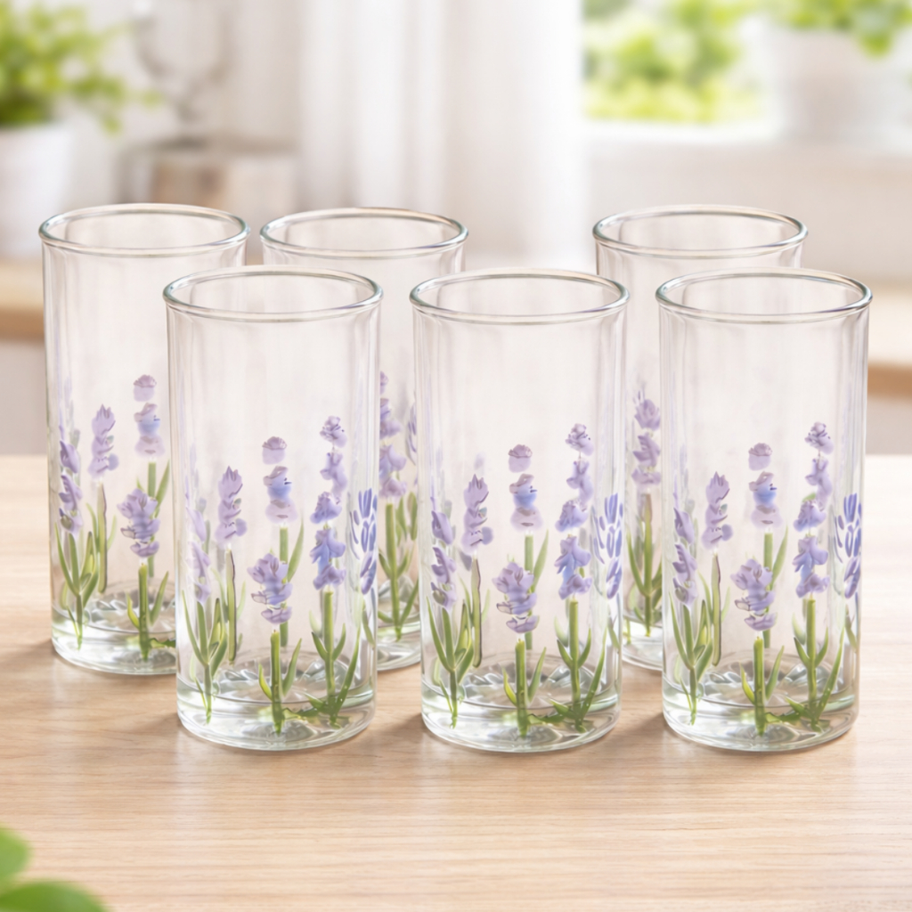 Jogo de Copos Altos Lavanda 330ml Kit 6 Peças Vidro Decorado Resistente Água Suco Refrigerante em Oferta na Shopee