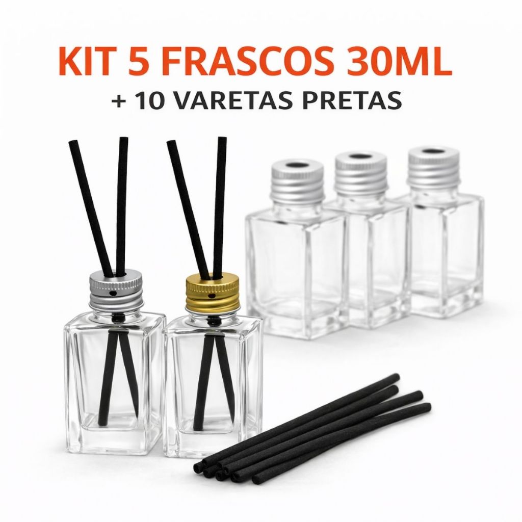 Kit 5 Frascos de Vidro 30ml para Aromatizador Tampa de Alumínio e 10 Varetas - Lembrancinhas em Oferta na Shopee