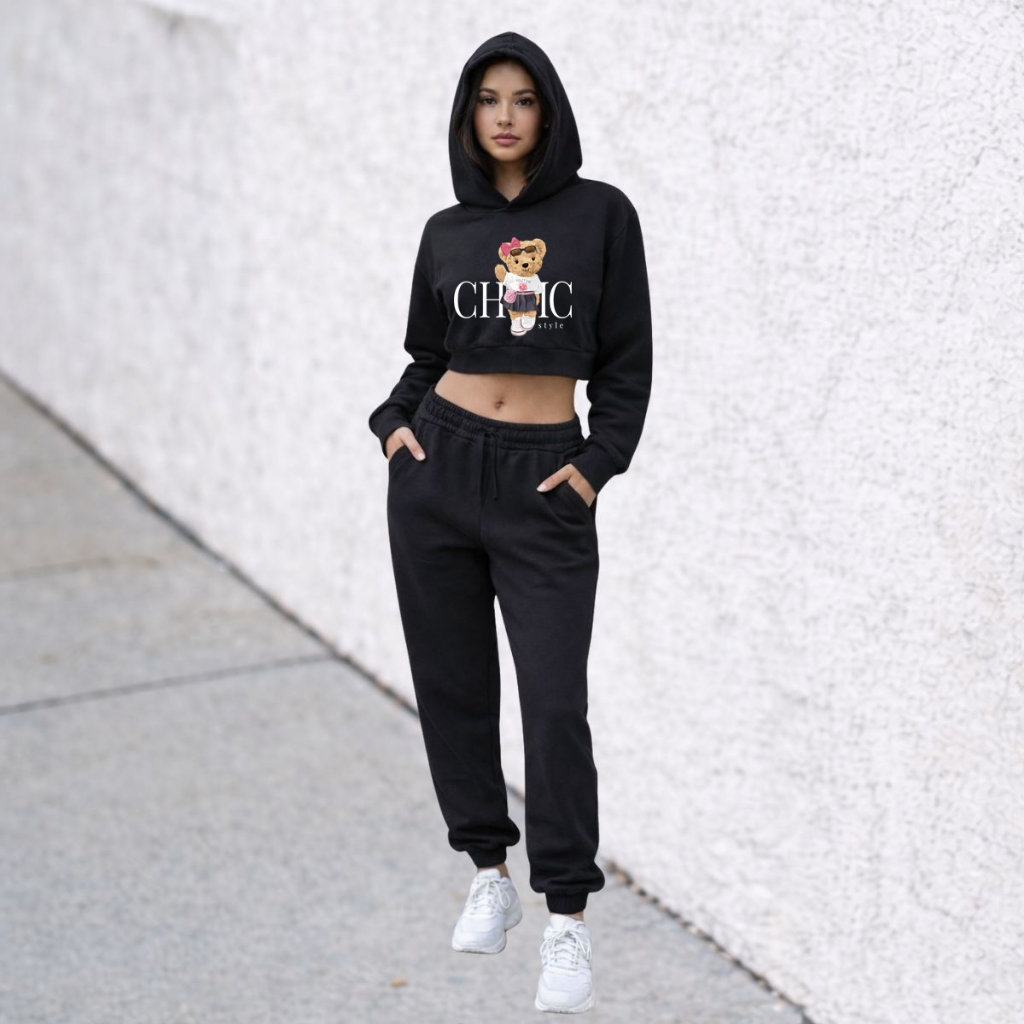 Conjunto Moletom Feminino Estampado Calça + Blusa com Capuz,Ursinha Chic — imagem 2 de 2