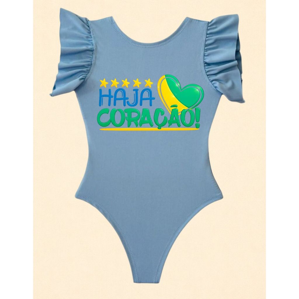Body Brasil Menina Regata Frufru Manga Curta Moda Infantil Copa Look Brasil Verão Estilo Fashion Juvenil