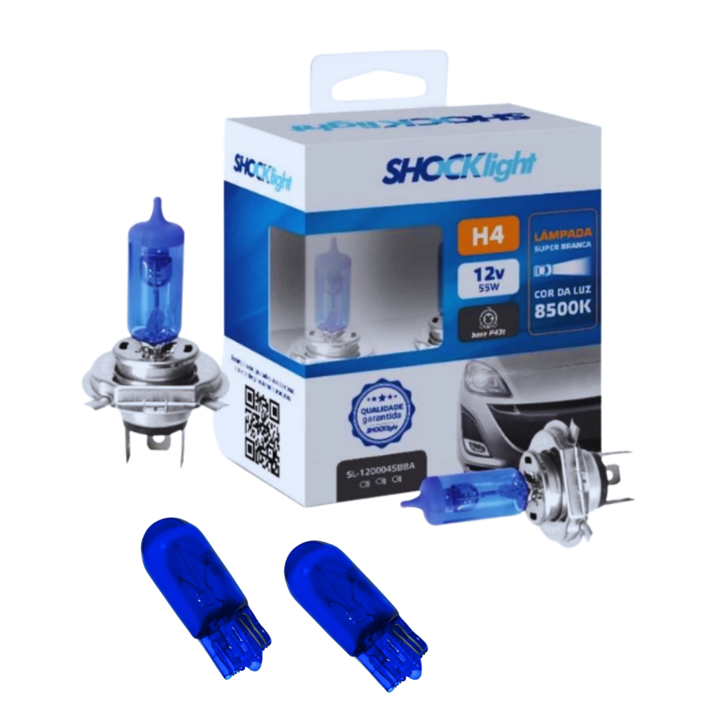 Kit 4 Lâmpadas Par Super Branca 12V Shocklight + Par Pingão T10 Super Branca Proteção UV Inmetro