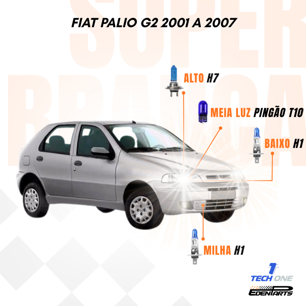 Kit Lâmpadas Super Brancas TechOne – Fiat Palio G2 2001 a 2007 + Brinde