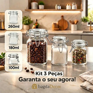 Kit 3 Potes Vidro Hermético | 260/180/100ml | Fecho Firme + Vedação Segura em Oferta na Shopee