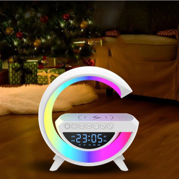 Luminária Rgb Caixa Som G Potente Speaker Bluetooth Carregador Indução Com Relógio