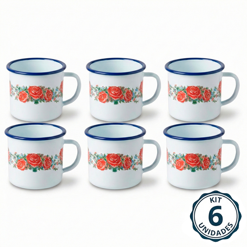 Kit 6 Caneca Esmaltada Agata Branca 150ml Nº6 Xícara Café Chá Retrô Fazenda Decoração Milla Pequena